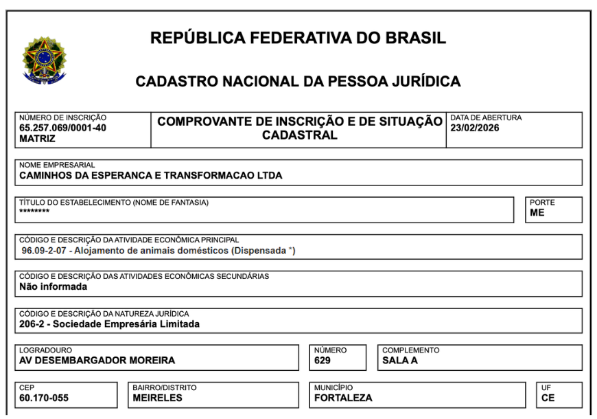 Federal registration certificate showing the CNPJ number, the registered name Caminhos da Esperança e Transformação LTDA and the address in Fortaleza, Ceará